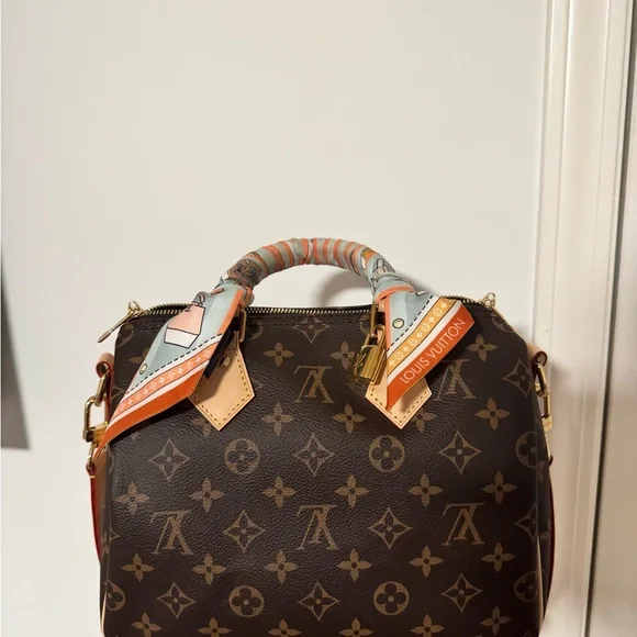 Louis Vuitton Brown Monogram Handbag with Orange Accents (Resale scarf included) - Picture 2 of 5